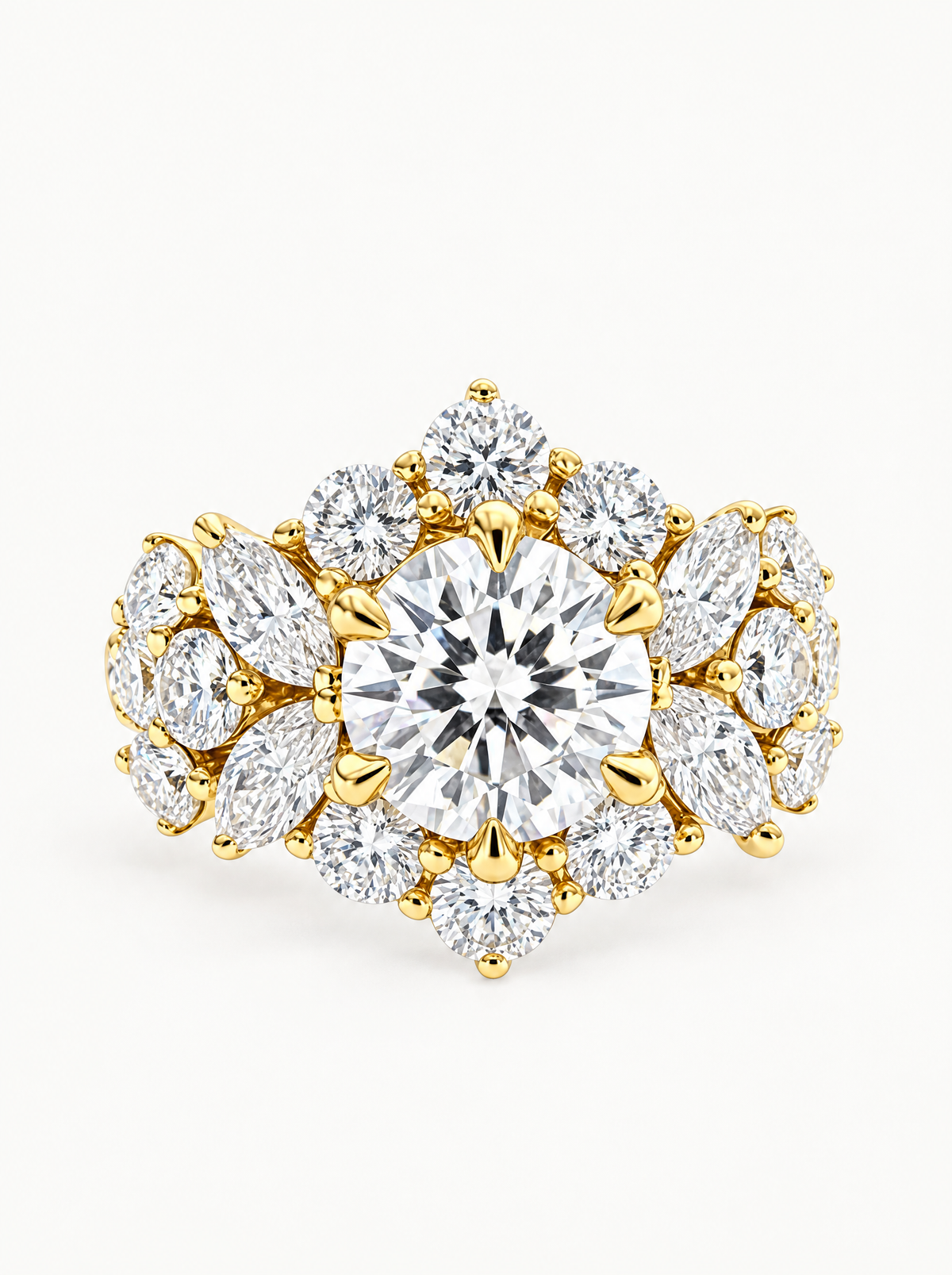 5.00 ctw Round Floral Cluster Halo Lab-Grown Diamond Ring in 14K yellow gold, angled side view — Bow Tie Lab Diamonds