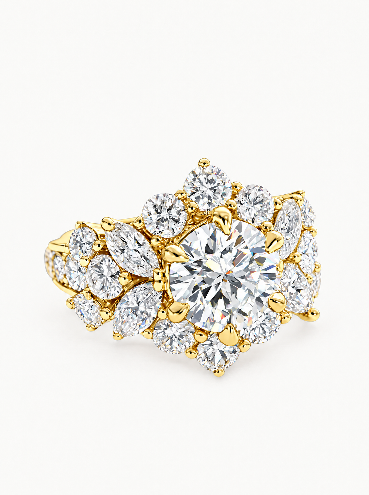 5.00 ctw Round Floral Cluster Halo Lab-Grown Diamond Ring in 14K yellow gold, front view — Bow Tie Lab Diamonds