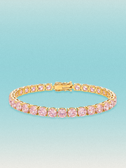 Bow Tie Lab Diamonds Fancy Pink 5.2mm (17.00 ctw) Round 4-Prong lab-grown diamond tennis bracelet — 32 round pink lab-grown diamonds, 17.00 ctw total, 7-inch, shown in 14K yellow gold.