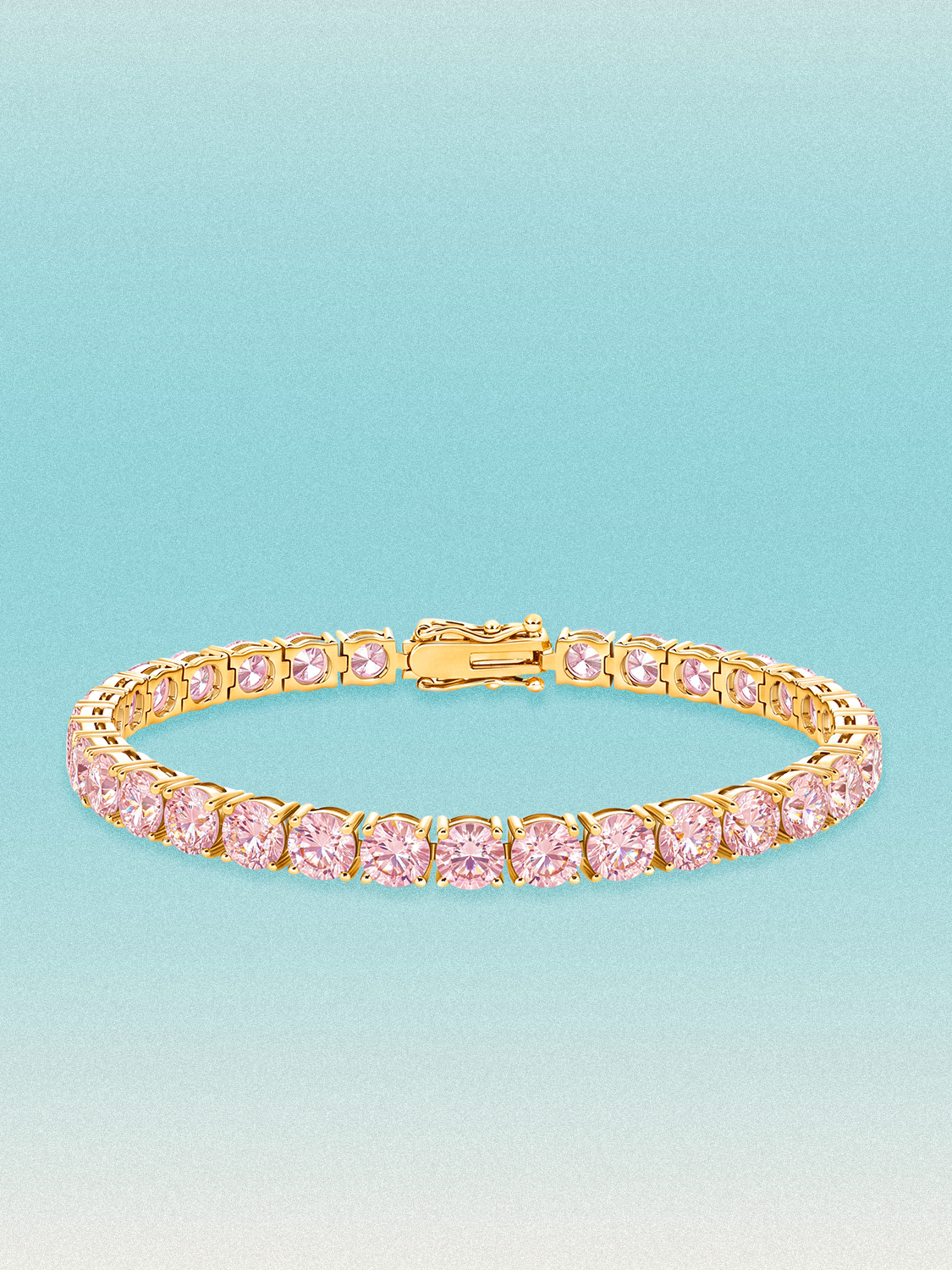 Bow Tie Lab Diamonds Fancy Pink 5.2mm (17.00 ctw) Round 4-Prong lab-grown diamond tennis bracelet — 32 round pink lab-grown diamonds, 17.00 ctw total, 7-inch, shown in 14K yellow gold.