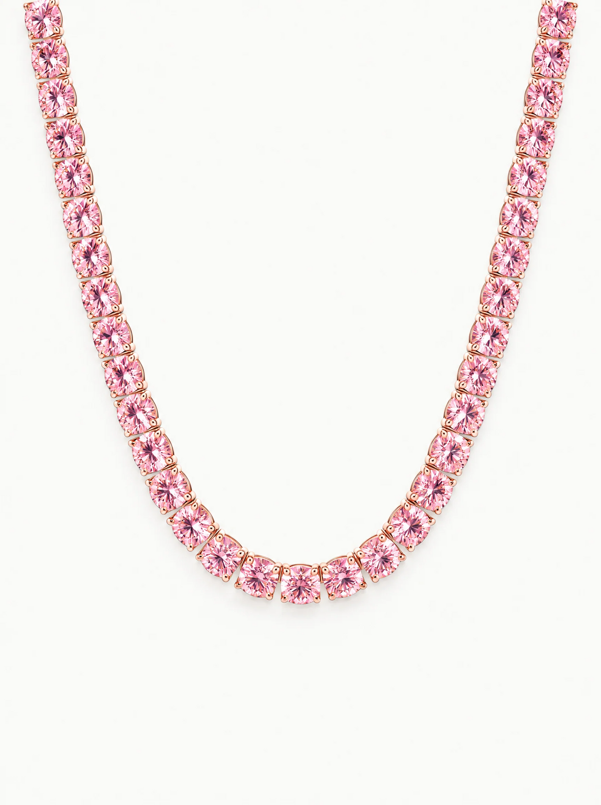 Fancy Pink 5.2mm (48.50 ctw) Round 4-Prong Lab-Grown Diamond Tennis Necklace in 14K rose gold, front view — Bow Tie Lab Diamonds