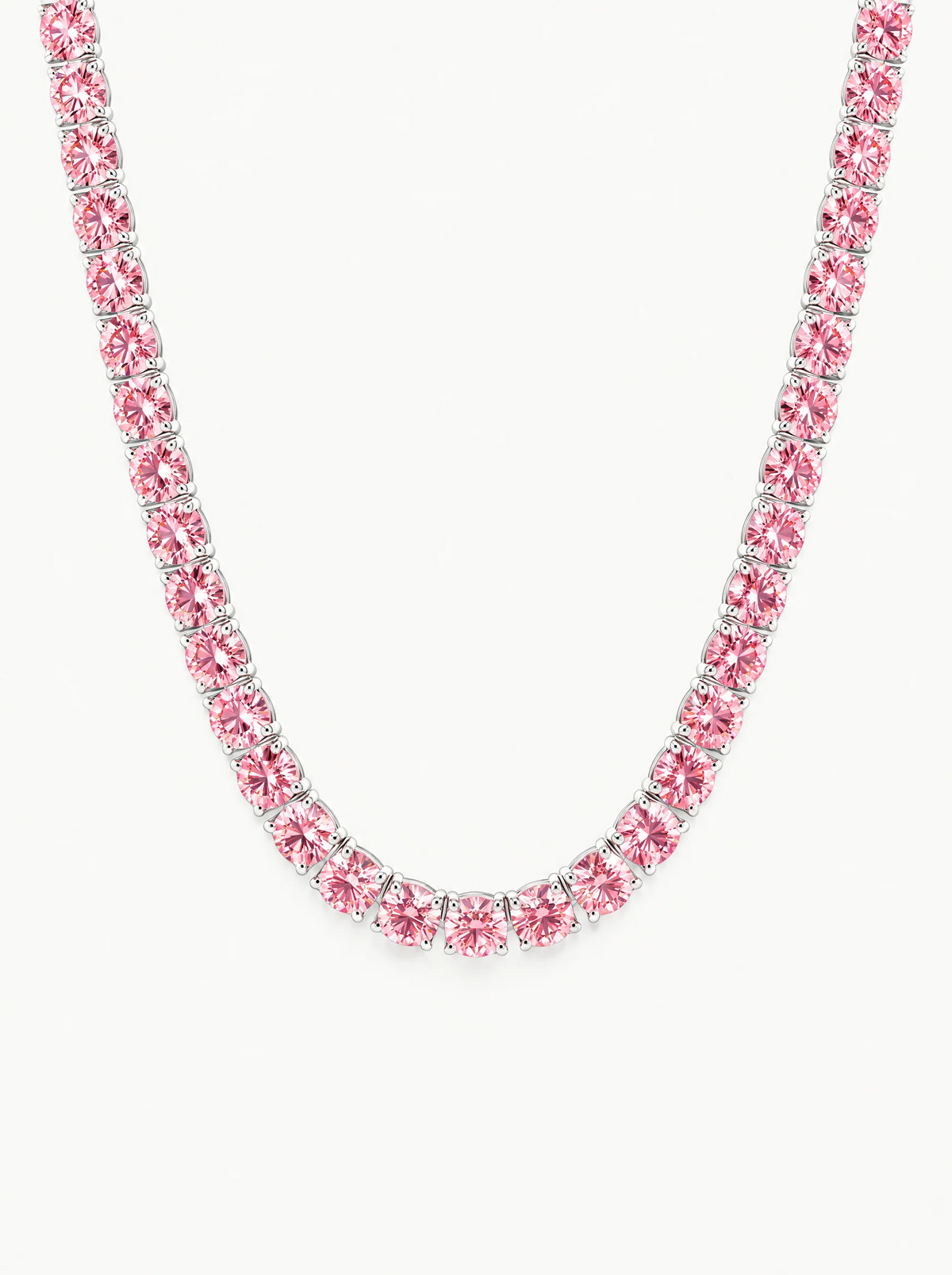 Fancy Pink 5.2mm (48.50 ctw) Round 4-Prong Lab-Grown Diamond Tennis Necklace in 14K white gold, front view — Bow Tie Lab Diamonds