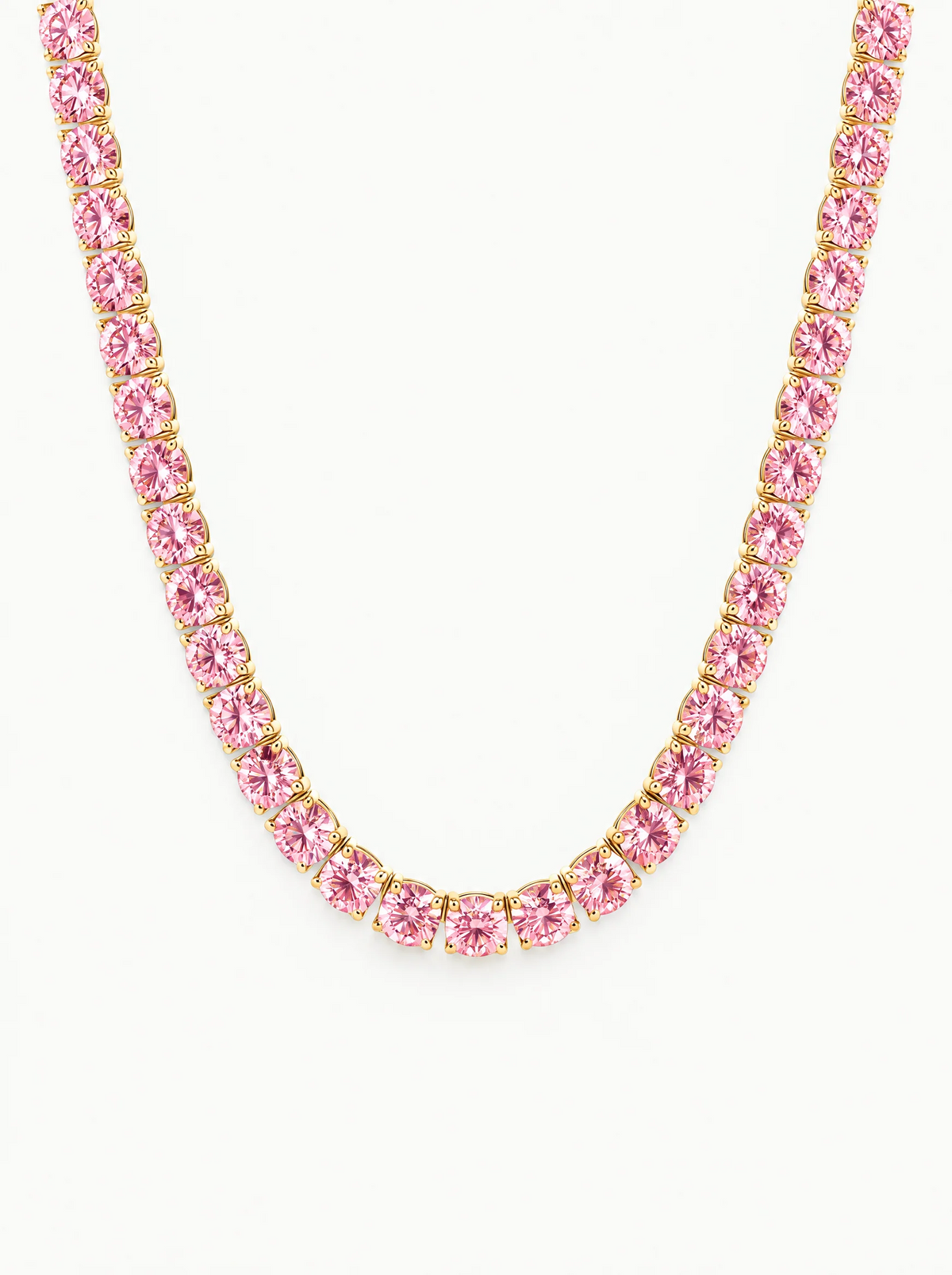Fancy Pink 5.2mm (48.50 ctw) Round 4-Prong Lab-Grown Diamond Tennis Necklace in 14K yellow gold, front view — Bow Tie Lab Diamonds