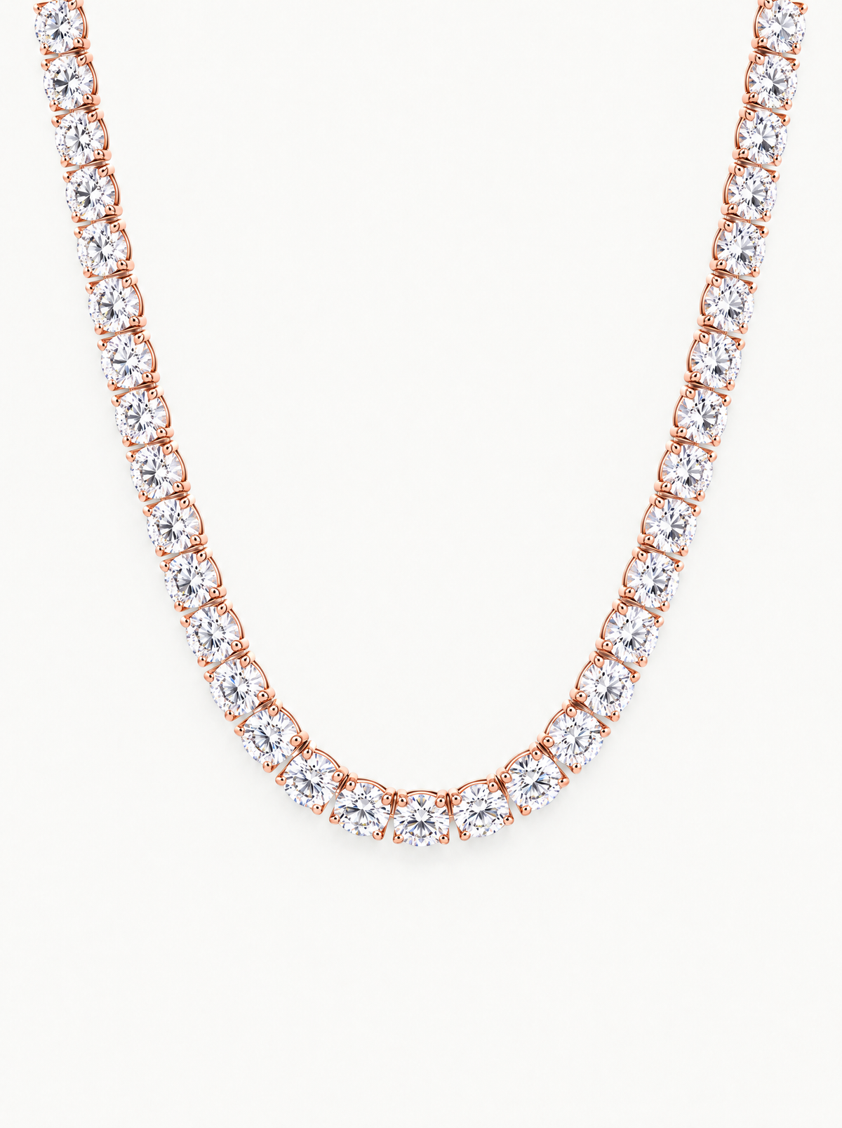 5.2mm (48.50 ctw) Round 4-Prong Lab-Grown Diamond Tennis Necklace in 14K rose gold, front view — Bow Tie Lab Diamonds