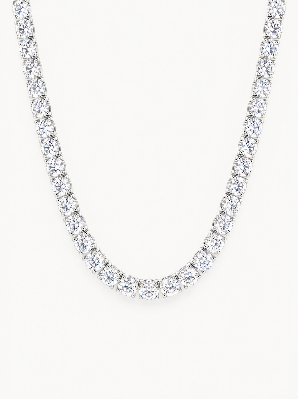 5.2mm (48.50 ctw) Round 4-Prong Lab-Grown Diamond Tennis Necklace in 14K white gold, front view — Bow Tie Lab Diamonds