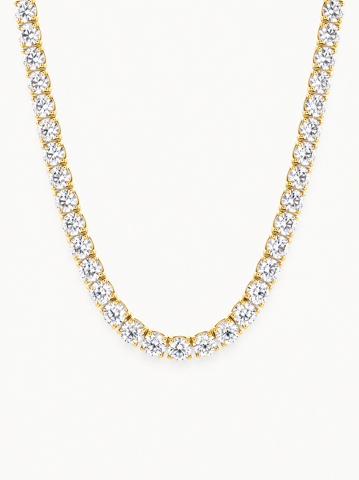 5.2mm (48.50 ctw) Round 4-Prong Lab-Grown Diamond Tennis Necklace in 14K yellow gold, front view — Bow Tie Lab Diamonds