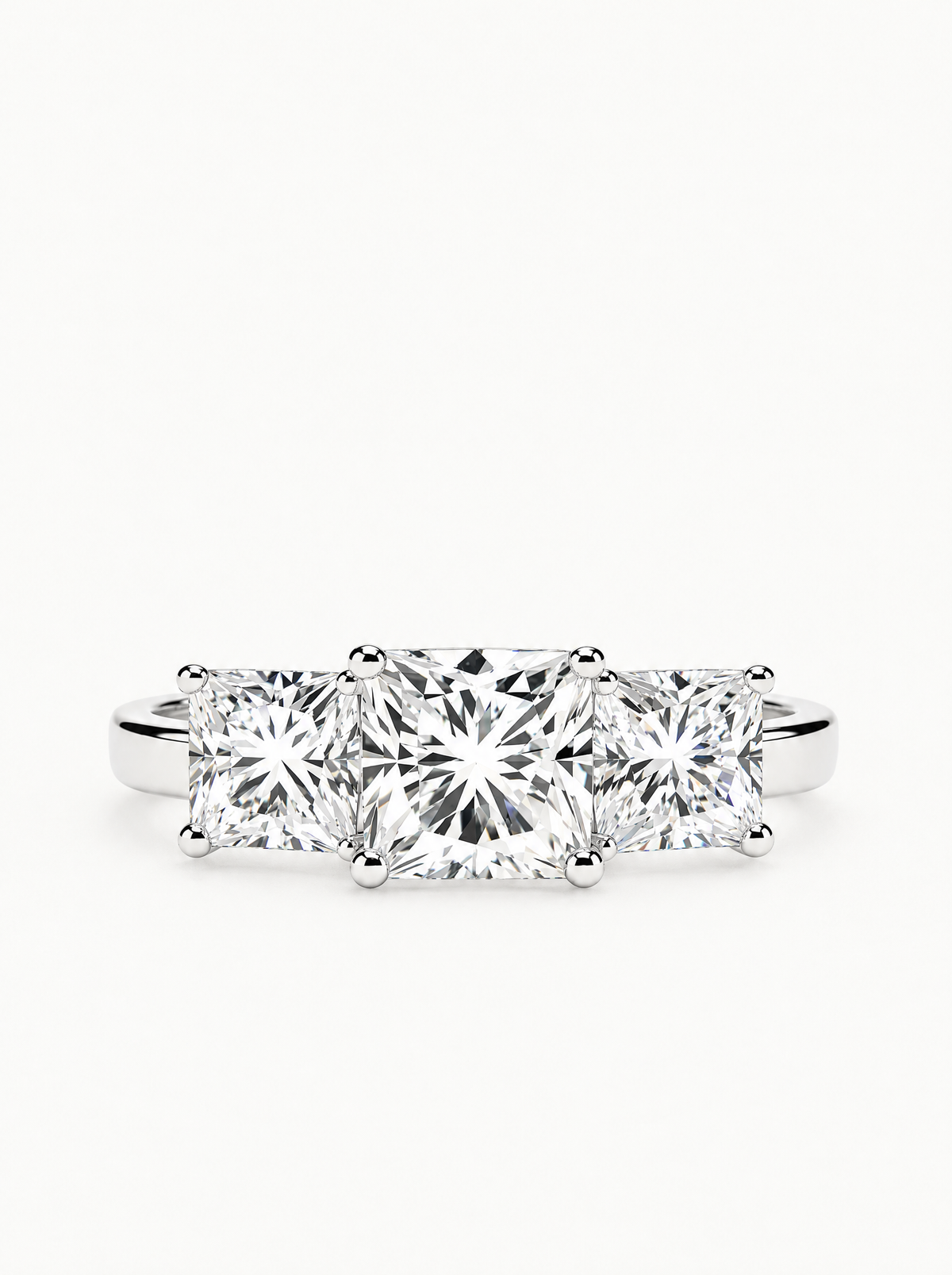 5.50 ctw Princess Three Stone Lab-Grown Diamond Engagement Ring in 14K white gold, front view — Bow Tie Lab Diamonds