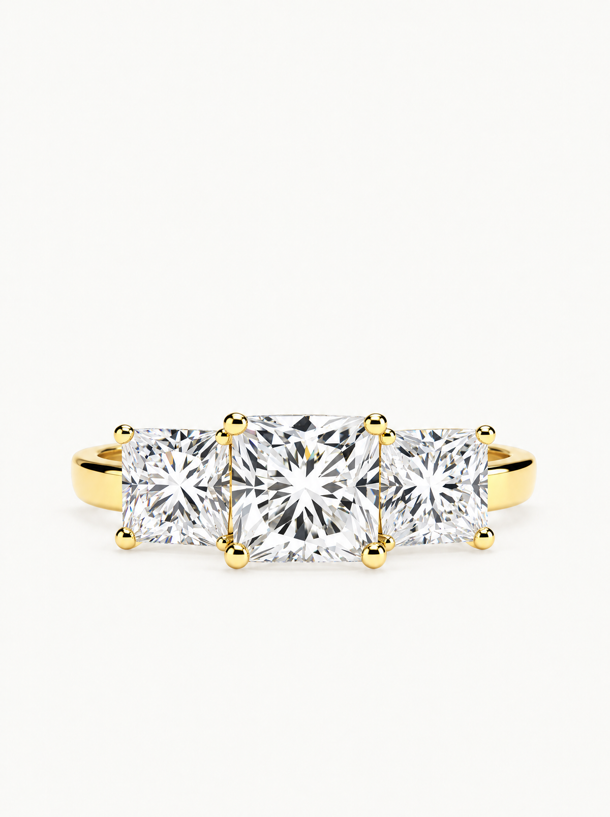 5.50 ctw Princess Three Stone Lab-Grown Diamond Engagement Ring in 14K yellow gold, front view — Bow Tie Lab Diamonds