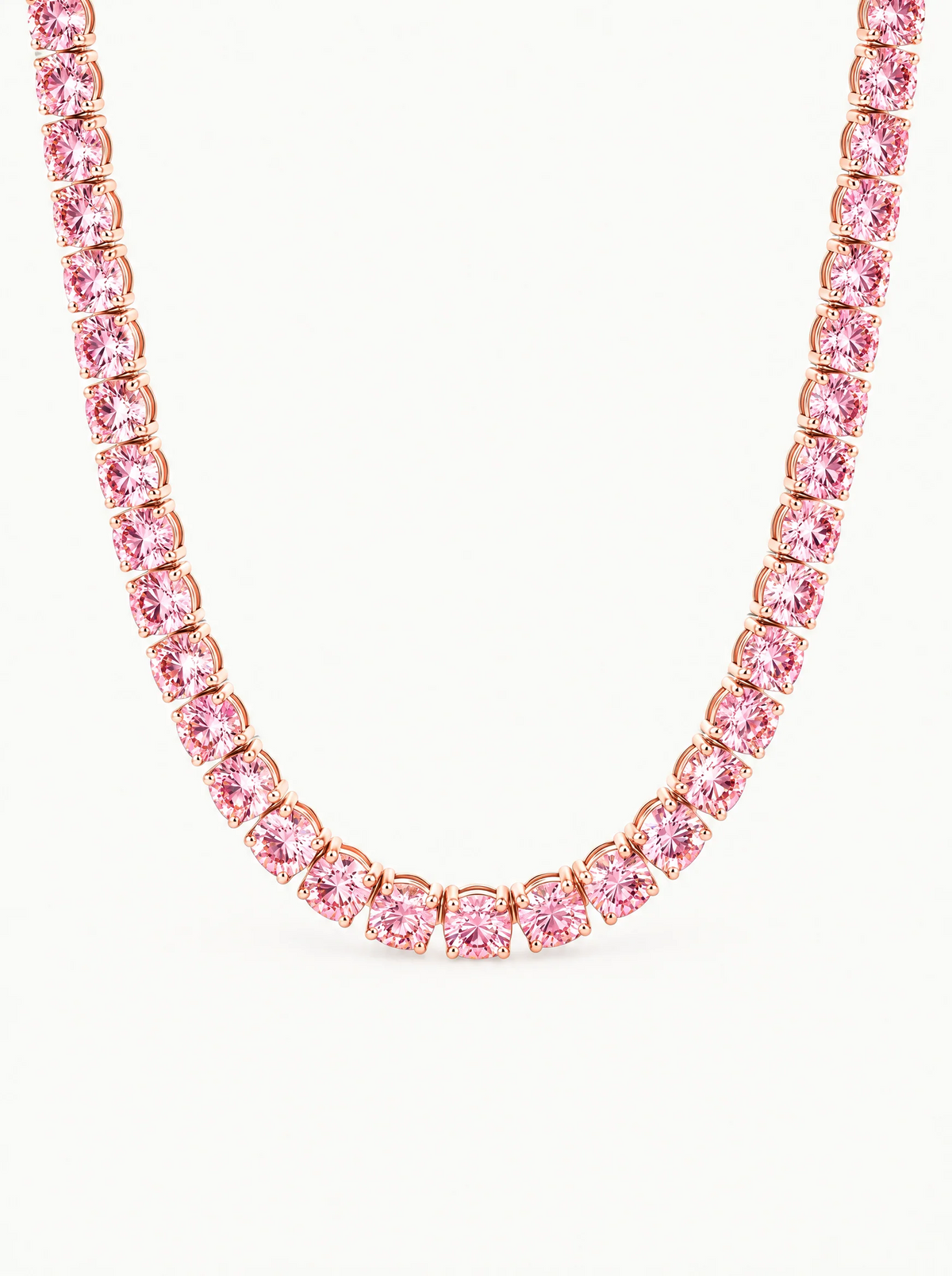 Fancy Pink 5.8mm (58.00-63.50 ctw) Round 4-Prong Lab-Grown Diamond Tennis Necklace in 14K rose gold, front view — Bow Tie Lab Diamonds