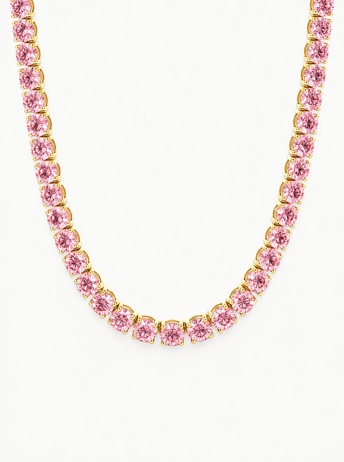 Fancy Pink 5.8mm (58.00-63.50 ctw) Round 4-Prong Lab-Grown Diamond Tennis Necklace in 14K yellow gold, front view — Bow Tie Lab Diamonds