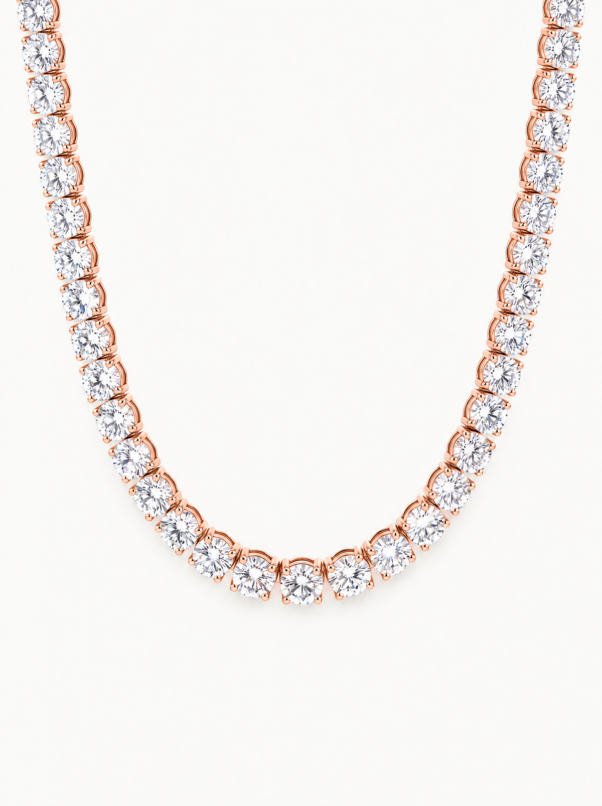 5.8mm (58.00-63.50 ctw) Round 4-Prong Lab-Grown Diamond Tennis Necklace in 14K rose gold, front view — Bow Tie Lab Diamonds
