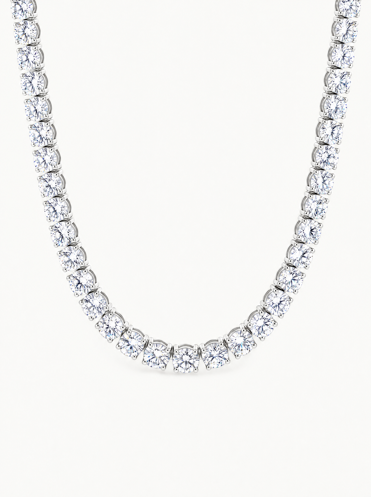 5.8mm (58.00-63.50 ctw) Round 4-Prong Lab-Grown Diamond Tennis Necklace in 14K white gold, front view — Bow Tie Lab Diamonds