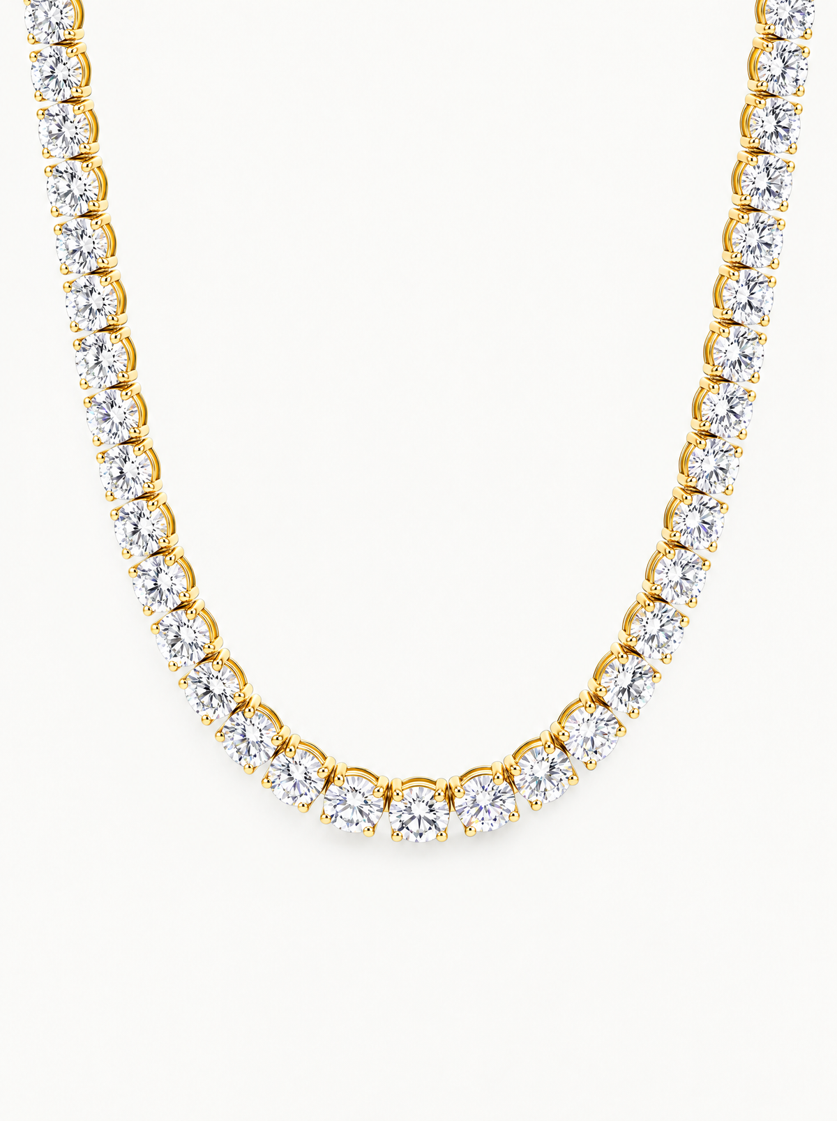 5.8mm (58.00-63.50 ctw) Round 4-Prong Lab-Grown Diamond Tennis Necklace in 14K yellow gold, front view — Bow Tie Lab Diamonds