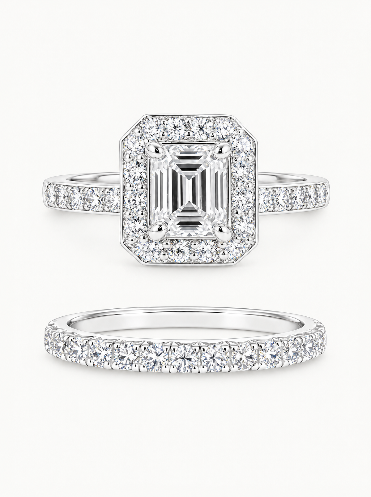 6.00 ctw Asscher Halo Pave Lab-Grown Diamond Bridal Set in 14K white gold, angled side view — Bow Tie Lab Diamonds