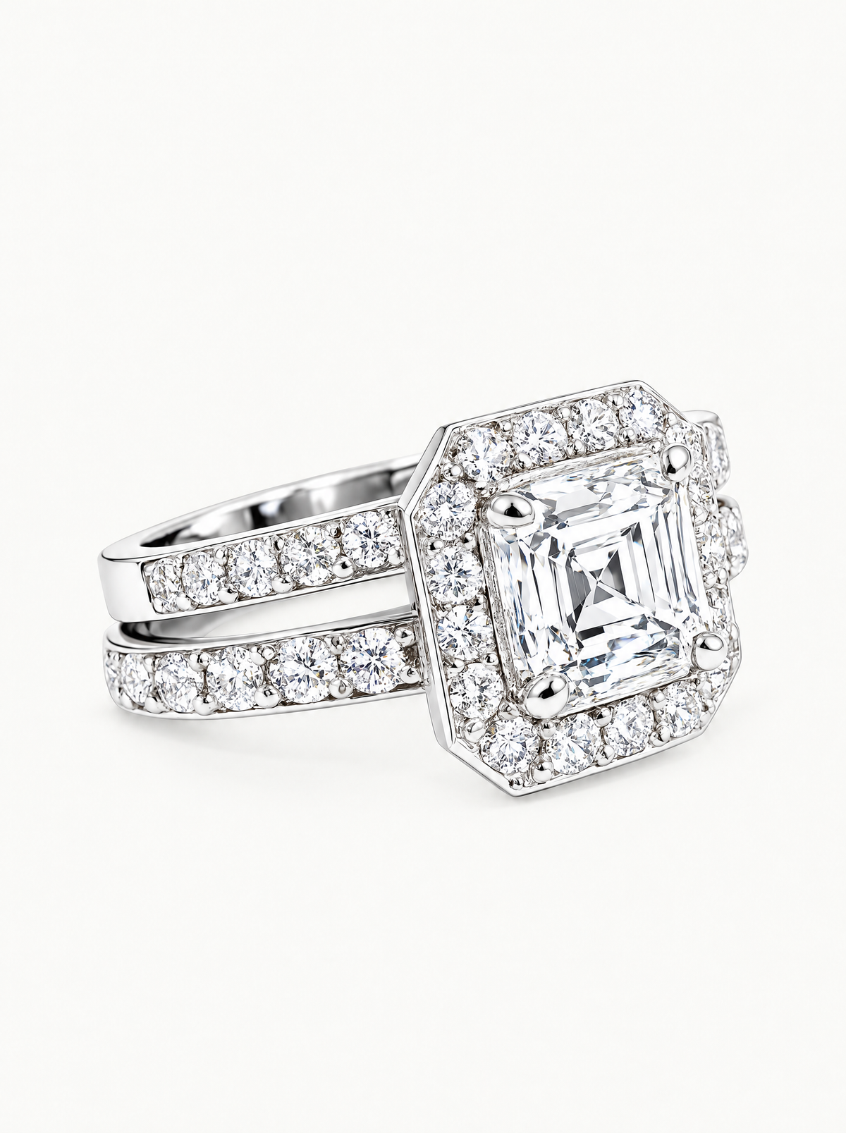 6.00 ctw Asscher Halo Pave Lab-Grown Diamond Bridal Set in 14K white gold, angled side view — Bow Tie Lab Diamonds