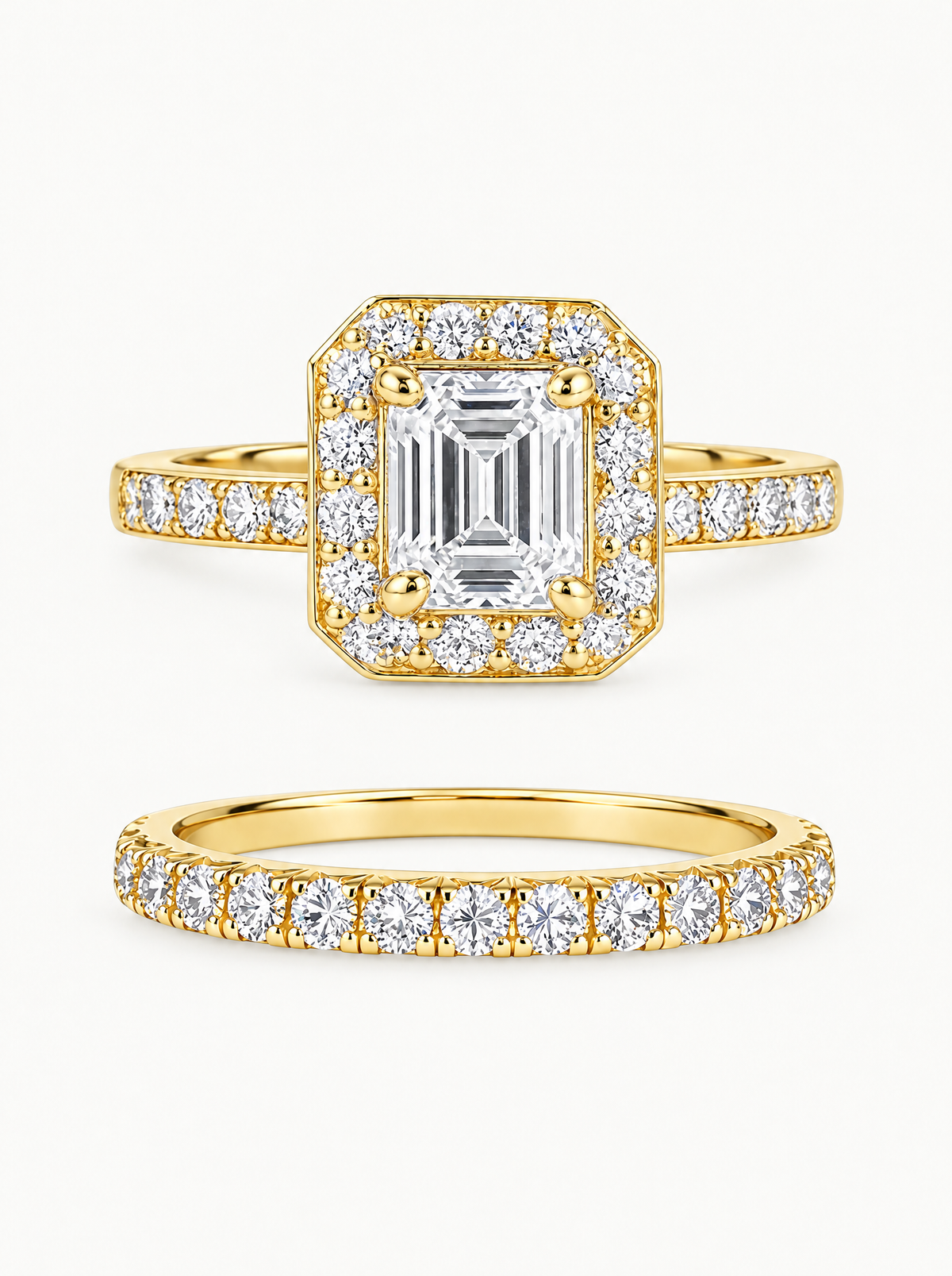 6.00 ctw Asscher Halo Pave Lab-Grown Diamond Bridal Set in 14K yellow gold, front view — Bow Tie Lab Diamonds