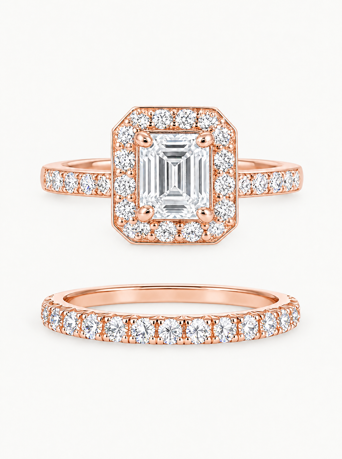 6.00 ctw Asscher Halo Pave Lab-Grown Diamond Bridal Set in 14K rose gold, front view — Bow Tie Lab Diamonds
