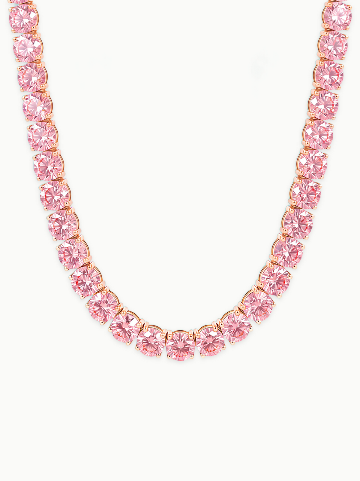 Fancy Pink 6.35mm (75.00 ctw) Round 4-Prong Lab-Grown Diamond Tennis Necklace in 14K rose gold, front view — Bow Tie Lab Diamonds