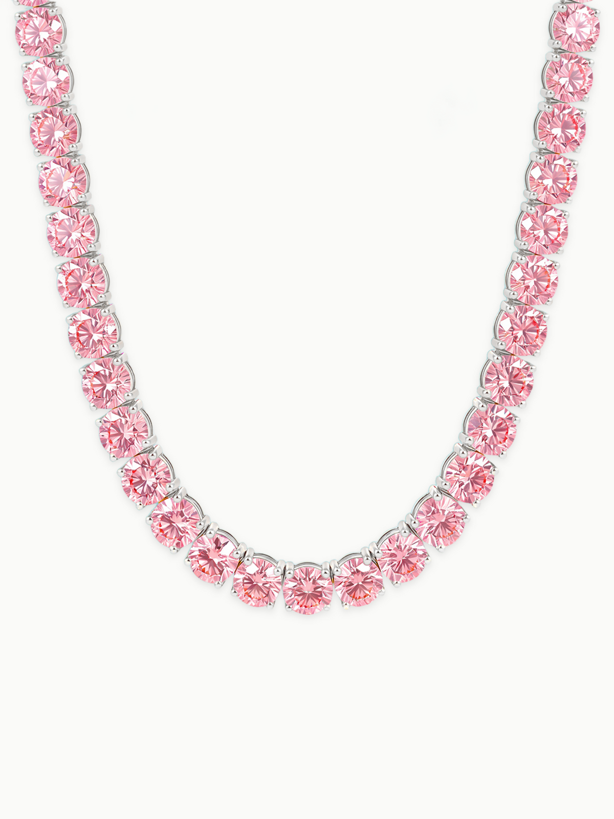 Fancy Pink 6.35mm (75.00 ctw) Round 4-Prong Lab-Grown Diamond Tennis Necklace in 14K white gold, front view — Bow Tie Lab Diamonds