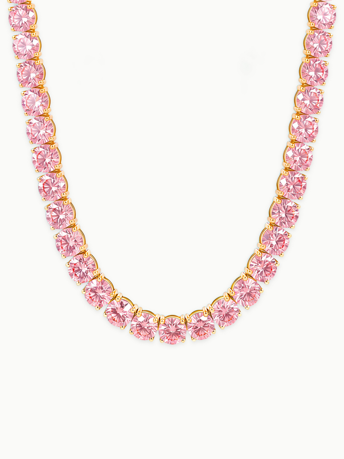 Fancy Pink 6.35mm (75.00 ctw) Round 4-Prong Lab-Grown Diamond Tennis Necklace in 14K yellow gold, front view — Bow Tie Lab Diamonds