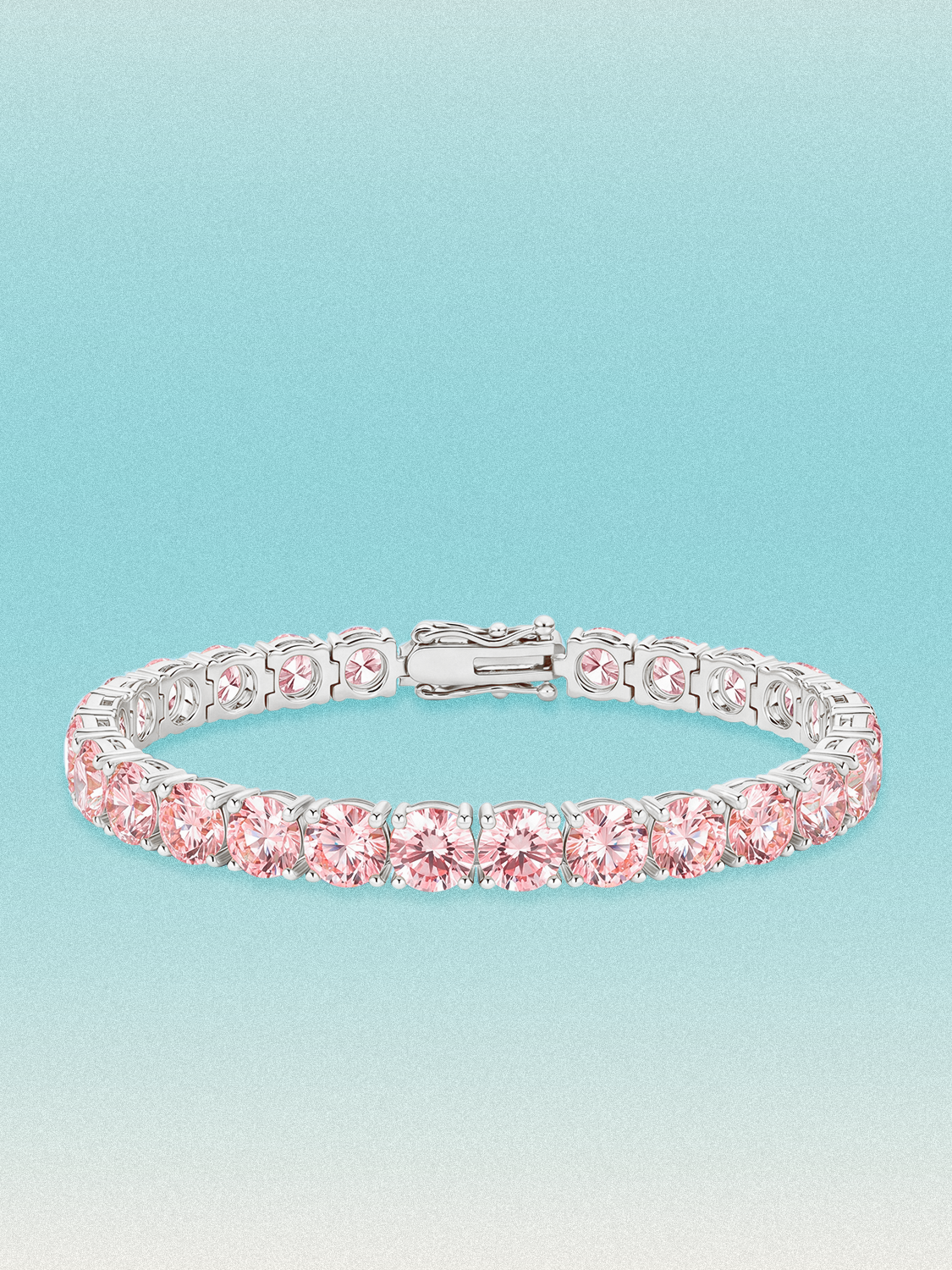 Bow Tie Lab Diamonds Fancy Pink 6.35mm (26.00 ctw) Round 4-Prong lab-grown diamond tennis bracelet — 26 round pink lab-grown diamonds, 26.00 ctw total, 7-inch, shown in 14K white gold.