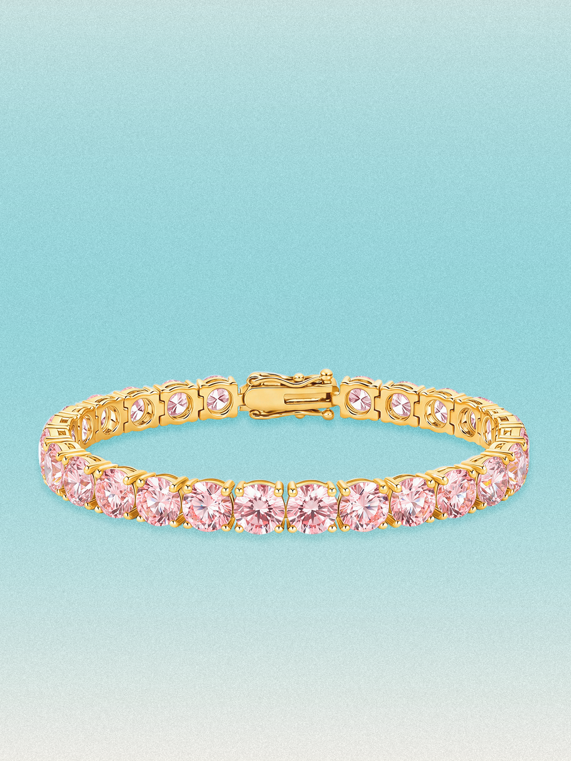 Bow Tie Lab Diamonds Fancy Pink 6.35mm (26.00 ctw) Round 4-Prong lab-grown diamond tennis bracelet — 26 round pink lab-grown diamonds, 26.00 ctw total, 7-inch, shown in 14K yellow gold.