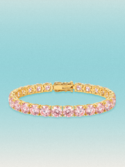 Bow Tie Lab Diamonds Fancy Pink 6.35mm (26.00 ctw) Round 4-Prong lab-grown diamond tennis bracelet — 26 round pink lab-grown diamonds, 26.00 ctw total, 7-inch, shown in 14K yellow gold.
