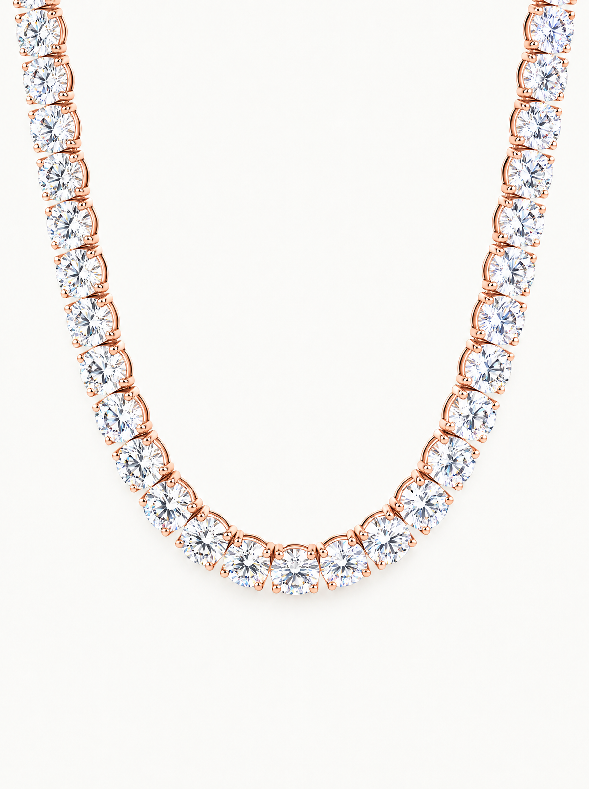 6.35mm (75.00 ctw) Round 4-Prong Lab-Grown Diamond Tennis Necklace in 14K rose gold, front view — Bow Tie Lab Diamonds