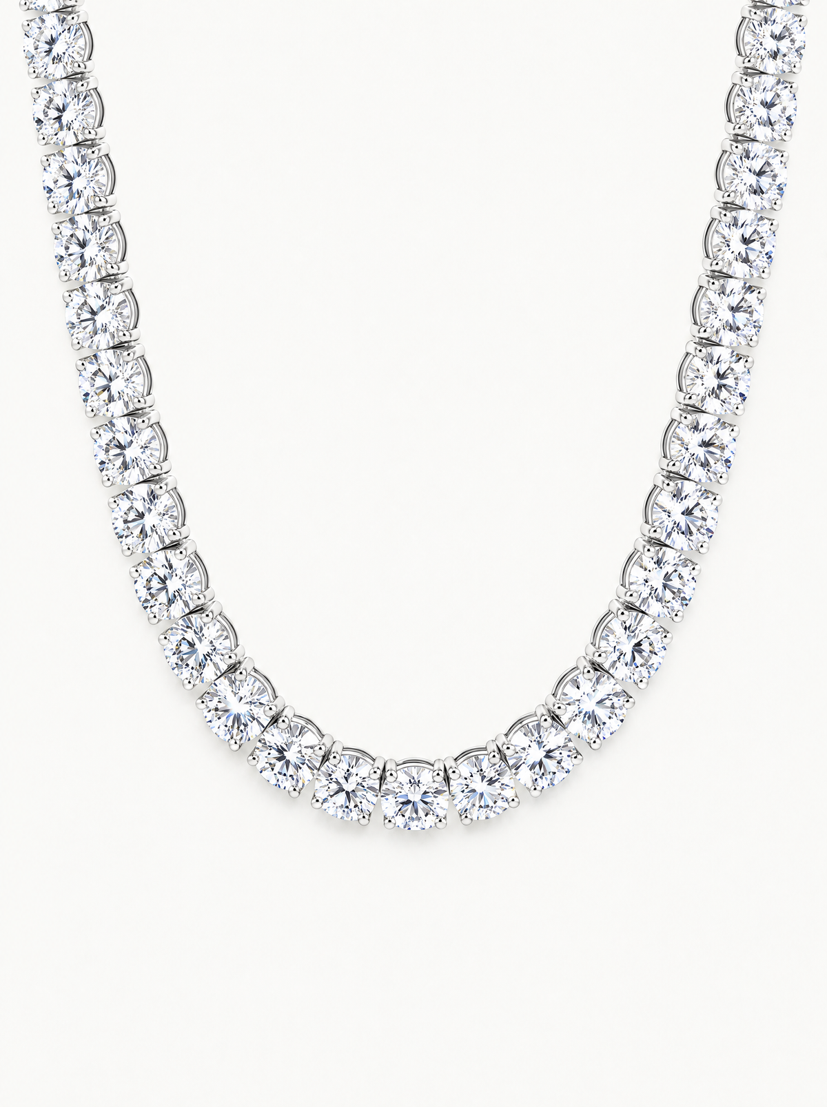 6.35mm (75.00 ctw) Round 4-Prong Lab-Grown Diamond Tennis Necklace in 14K white gold, front view — Bow Tie Lab Diamonds