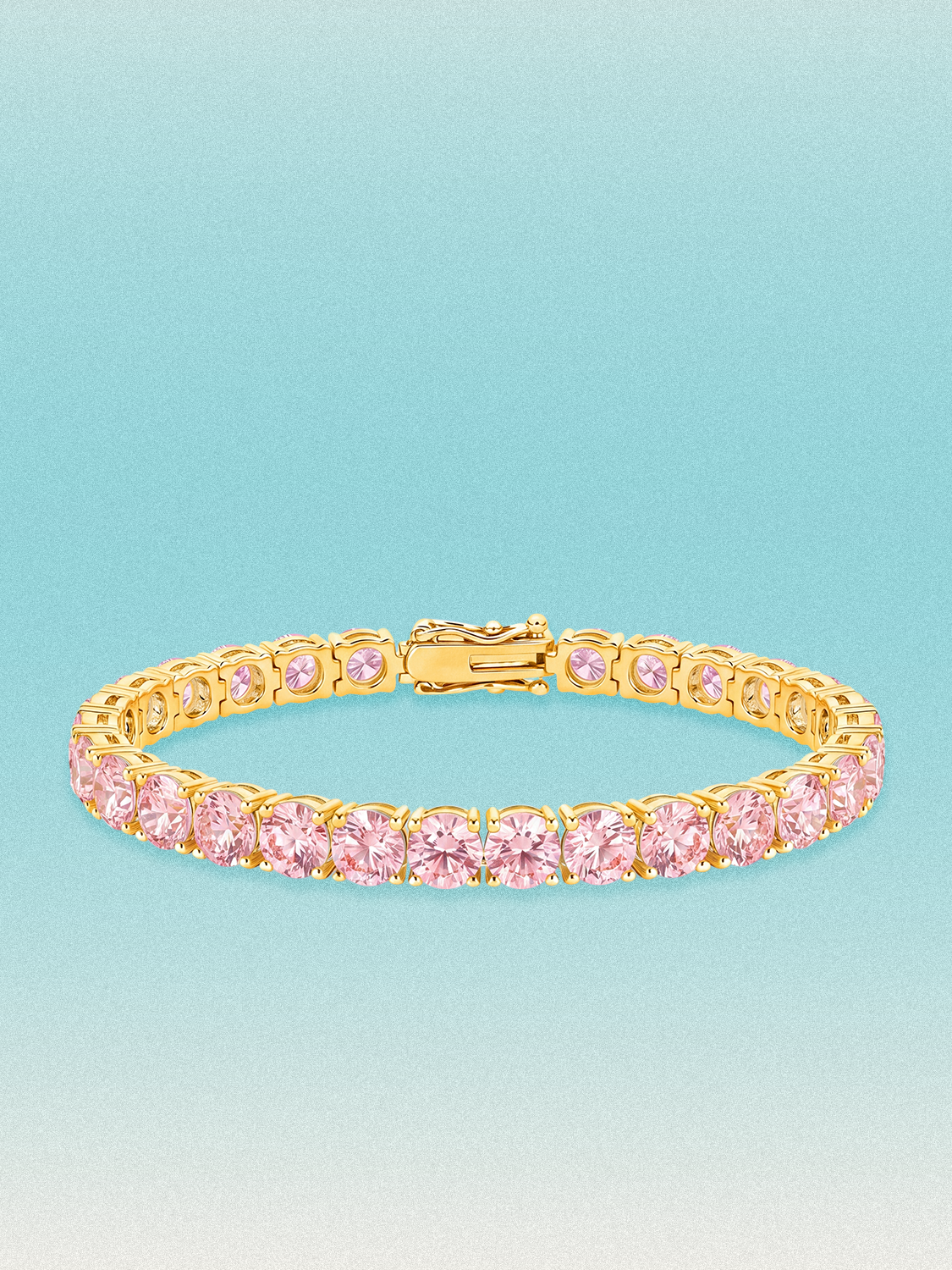 Bow Tie Lab Diamonds Fancy Pink 6mm (21.00 ctw) Round 4-Prong lab-grown diamond tennis bracelet — 28 round pink lab-grown diamonds, 21.00 ctw total, 7-inch, shown in 14K yellow gold.