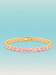 Bow Tie Lab Diamonds Fancy Pink 6mm (21.00 ctw) Round 4-Prong lab-grown diamond tennis bracelet — 28 round pink lab-grown diamonds, 21.00 ctw total, 7-inch, shown in 14K yellow gold.