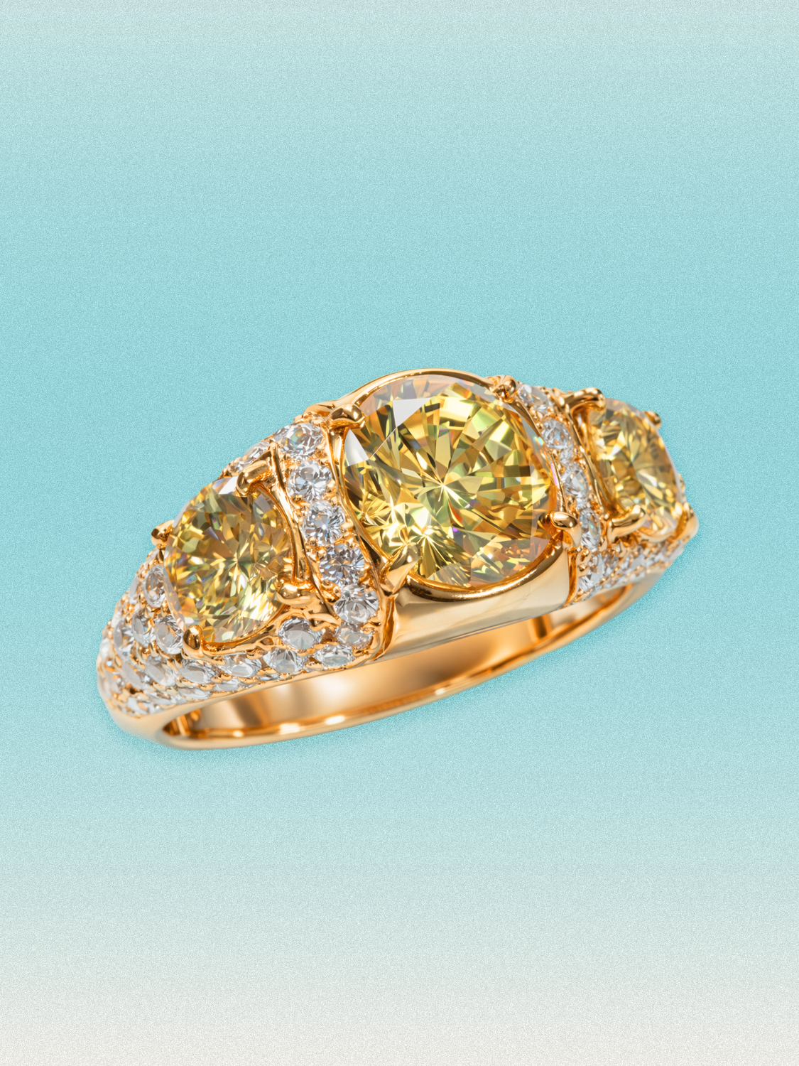 7.60 ctw Fancy Yellow Round Three-Stone Pave Lab Grown Diamond Ring