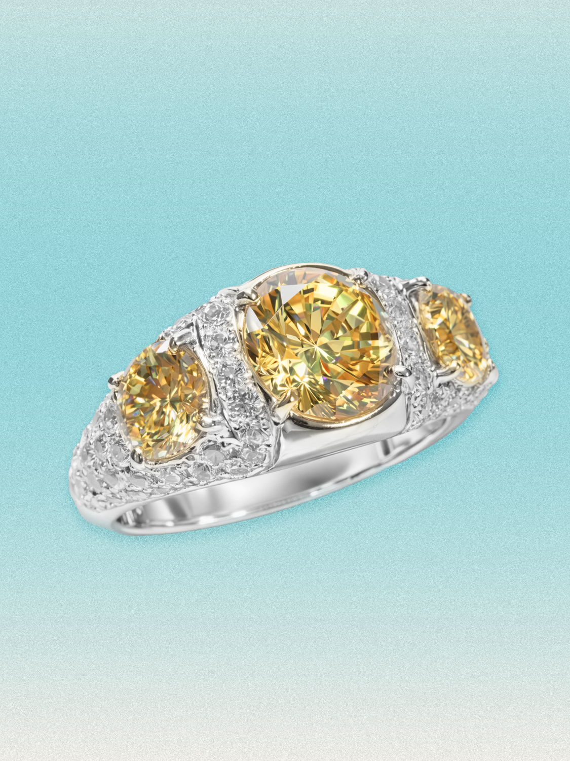 7.60 ctw Fancy Yellow Round Three-Stone Pave Lab Grown Diamond Ring
