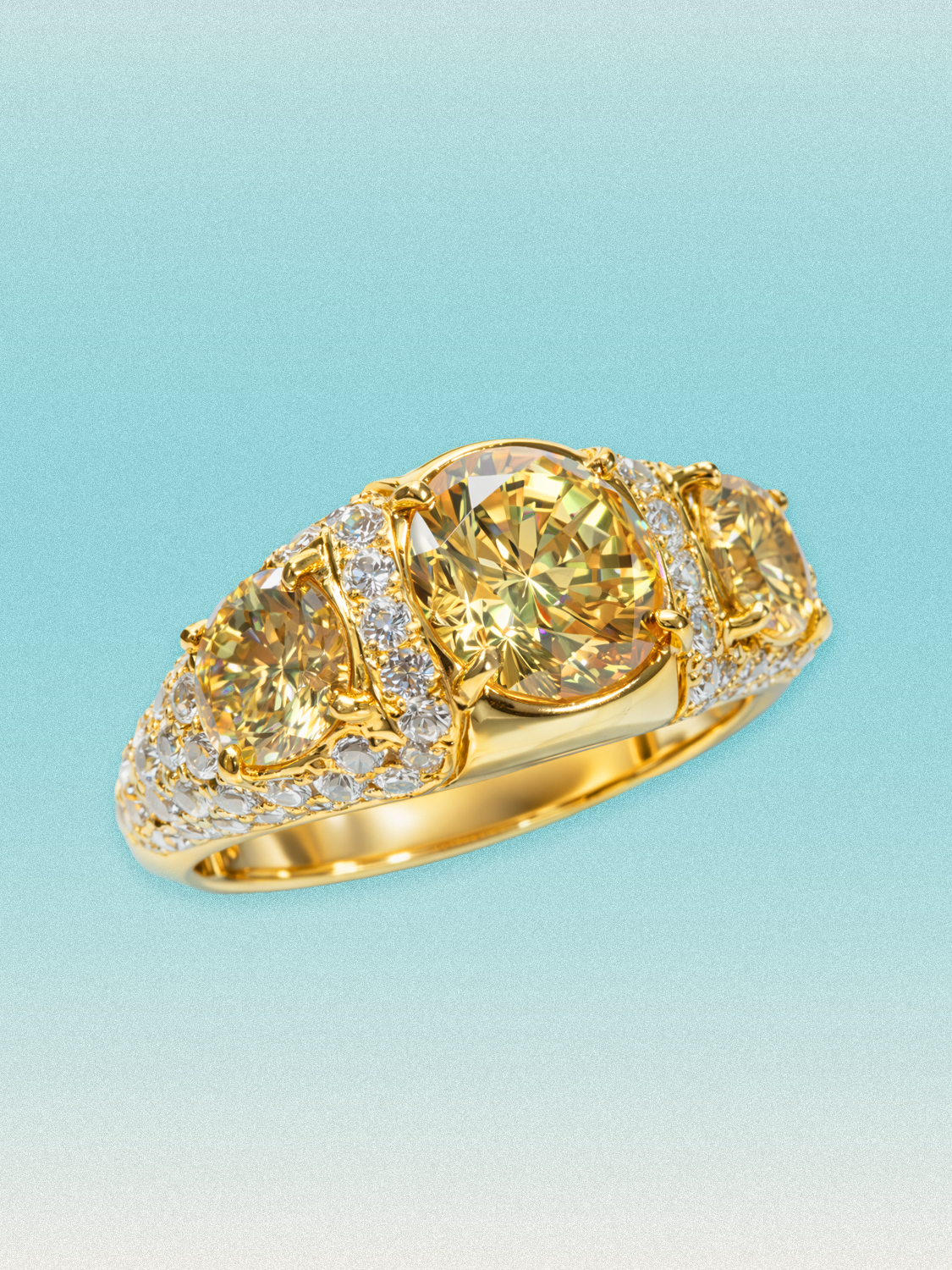7.60 ctw Fancy Yellow Round Three-Stone Pave Lab Grown Diamond Ring
