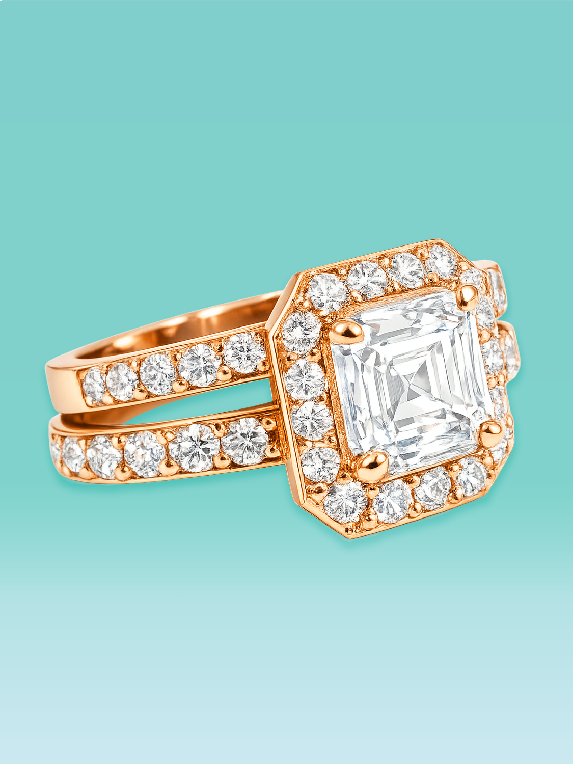 Asscher Cut Lab Diamond Halo Pavé Band Engagement Ring Set