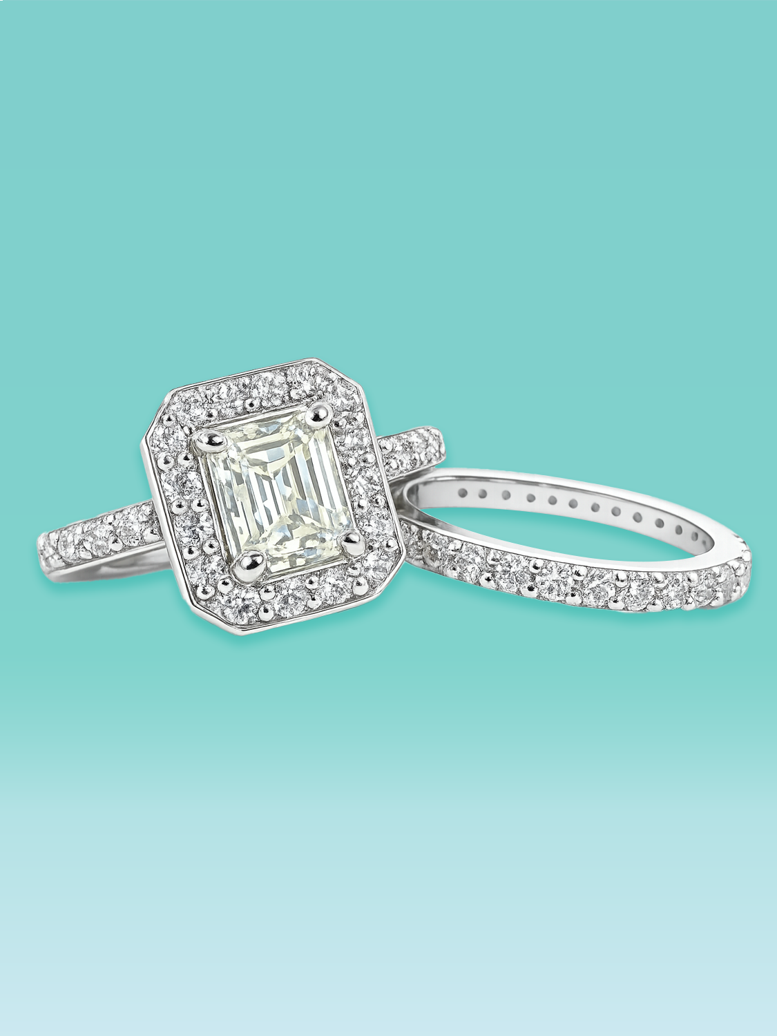 Asscher Cut Lab Diamond Halo Pavé Band Engagement Ring Set