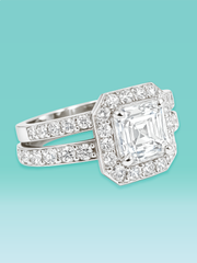 Asscher Cut Lab Diamond Halo Pavé Band Engagement Ring Set