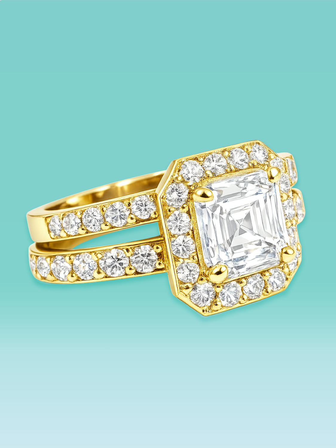 Asscher Cut Lab Diamond Halo Pavé Band Engagement Ring Set