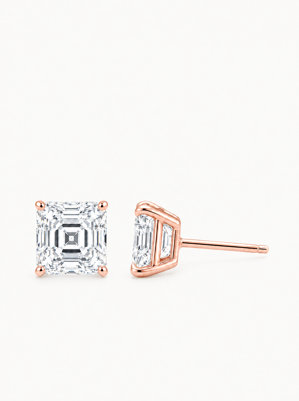 Asscher Cut Lab-Grown Diamond Stud Earrings in 14K rose gold, front view — Bow Tie Lab Diamonds