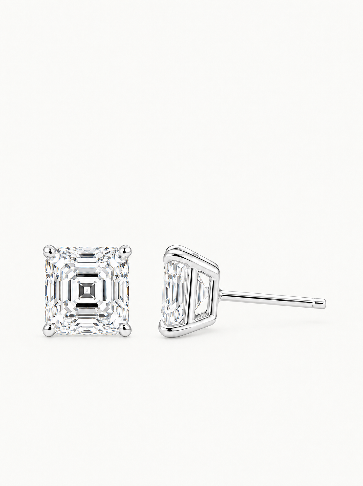 Asscher Cut Lab-Grown Diamond Stud Earrings in 14K white gold, front view — Bow Tie Lab Diamonds