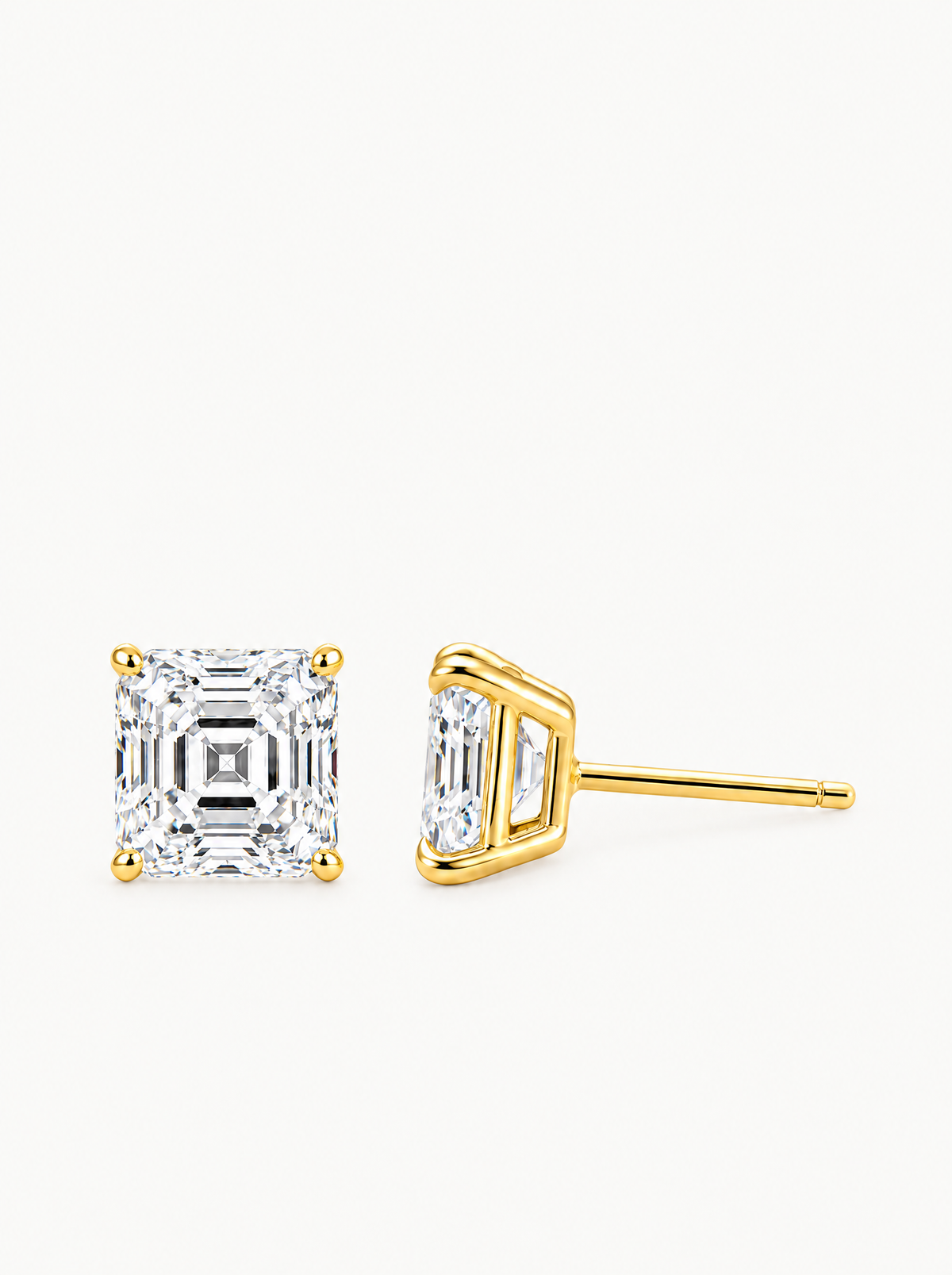 Asscher Cut Lab-Grown Diamond Stud Earrings in 14K yellow gold, angled side view — Bow Tie Lab Diamonds