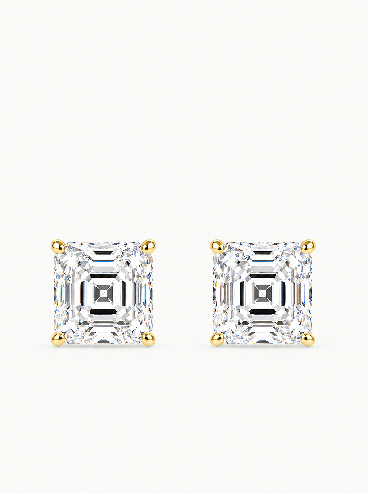 Asscher Cut Lab-Grown Diamond Stud Earrings in 14K yellow gold, front view — Bow Tie Lab Diamonds