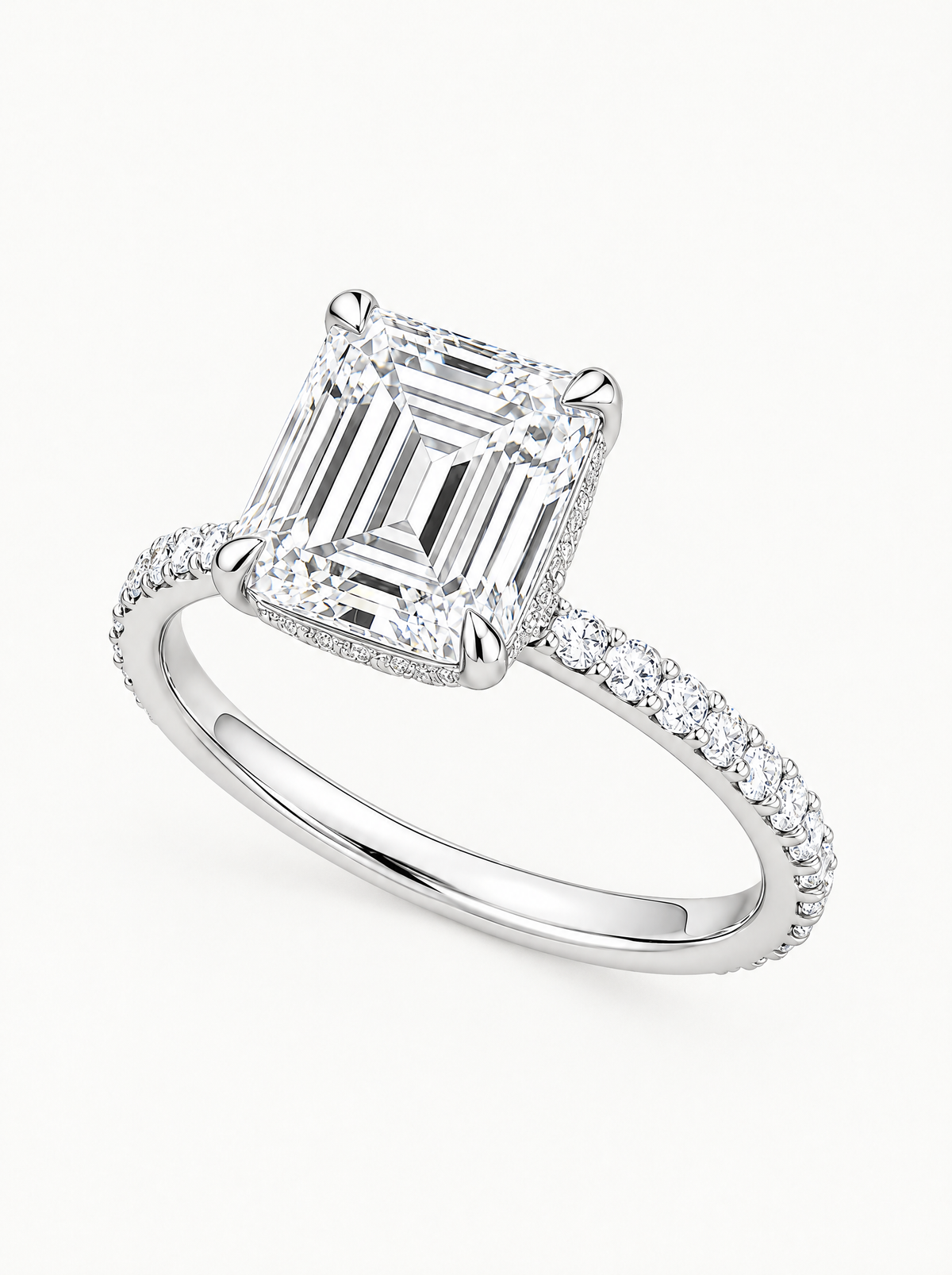 Asscher Cut Solitaire Hidden Halo Lab-Grown Diamond Engagement Ring in 14K white gold, front view — Bow Tie Lab Diamonds
