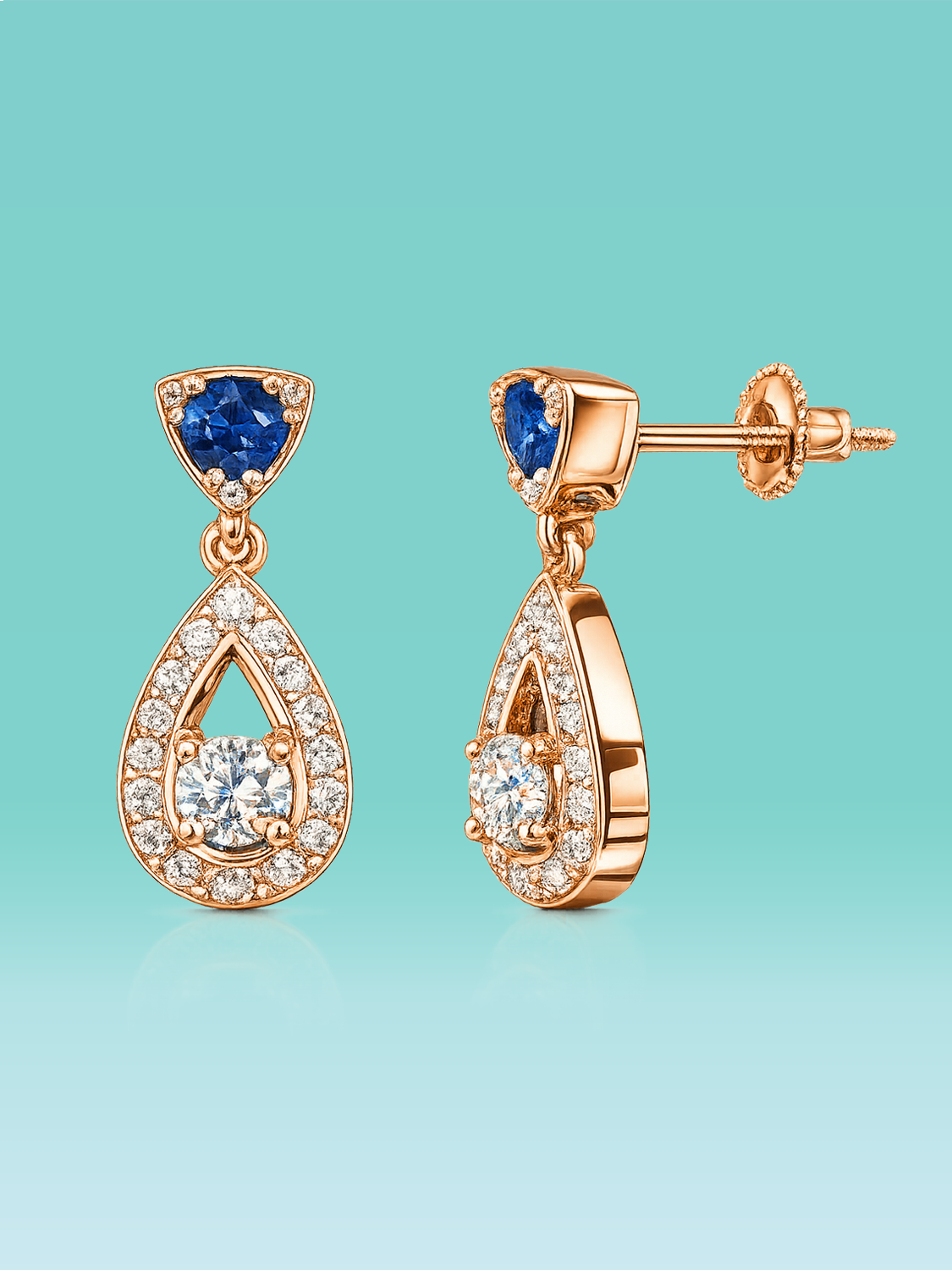 Blue Sapphire & Pear Halo Lab Diamond Drop Earrings