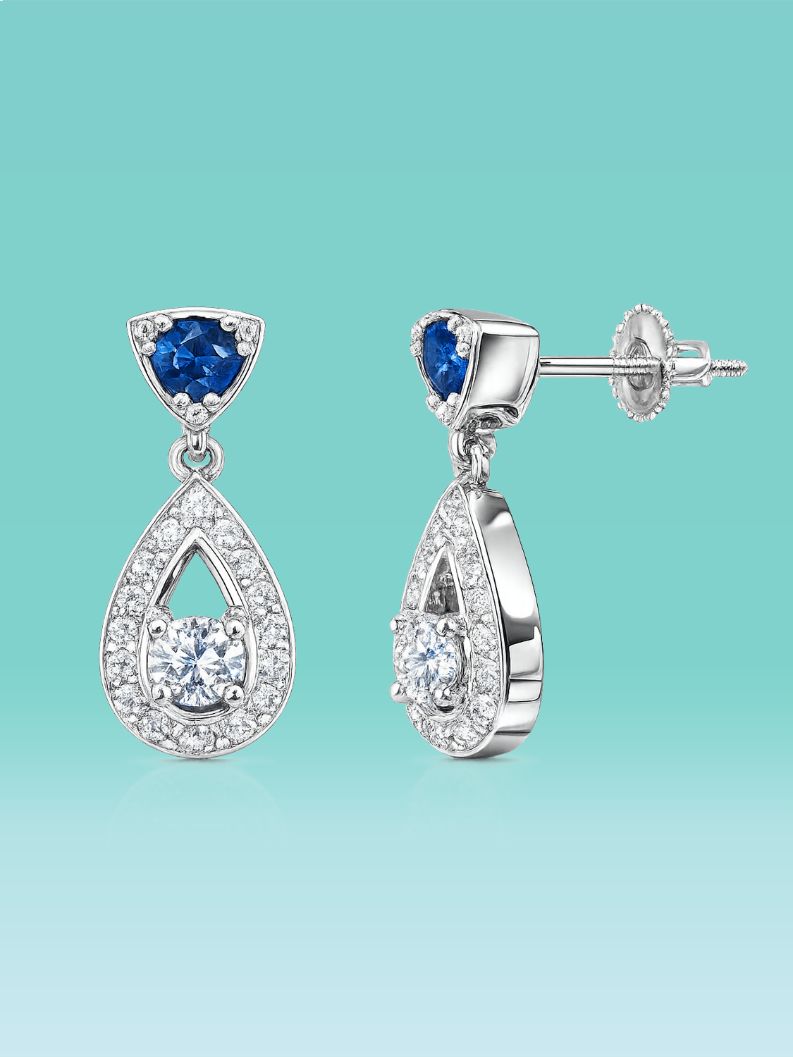 Blue Sapphire & Pear Halo Lab Diamond Drop Earrings