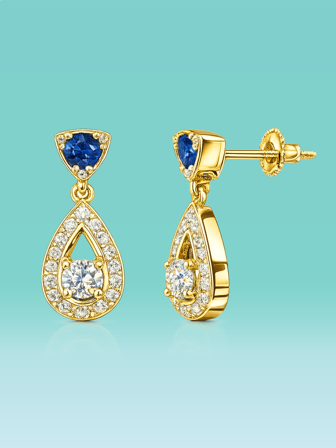 Blue Sapphire & Pear Halo Lab Diamond Drop Earrings