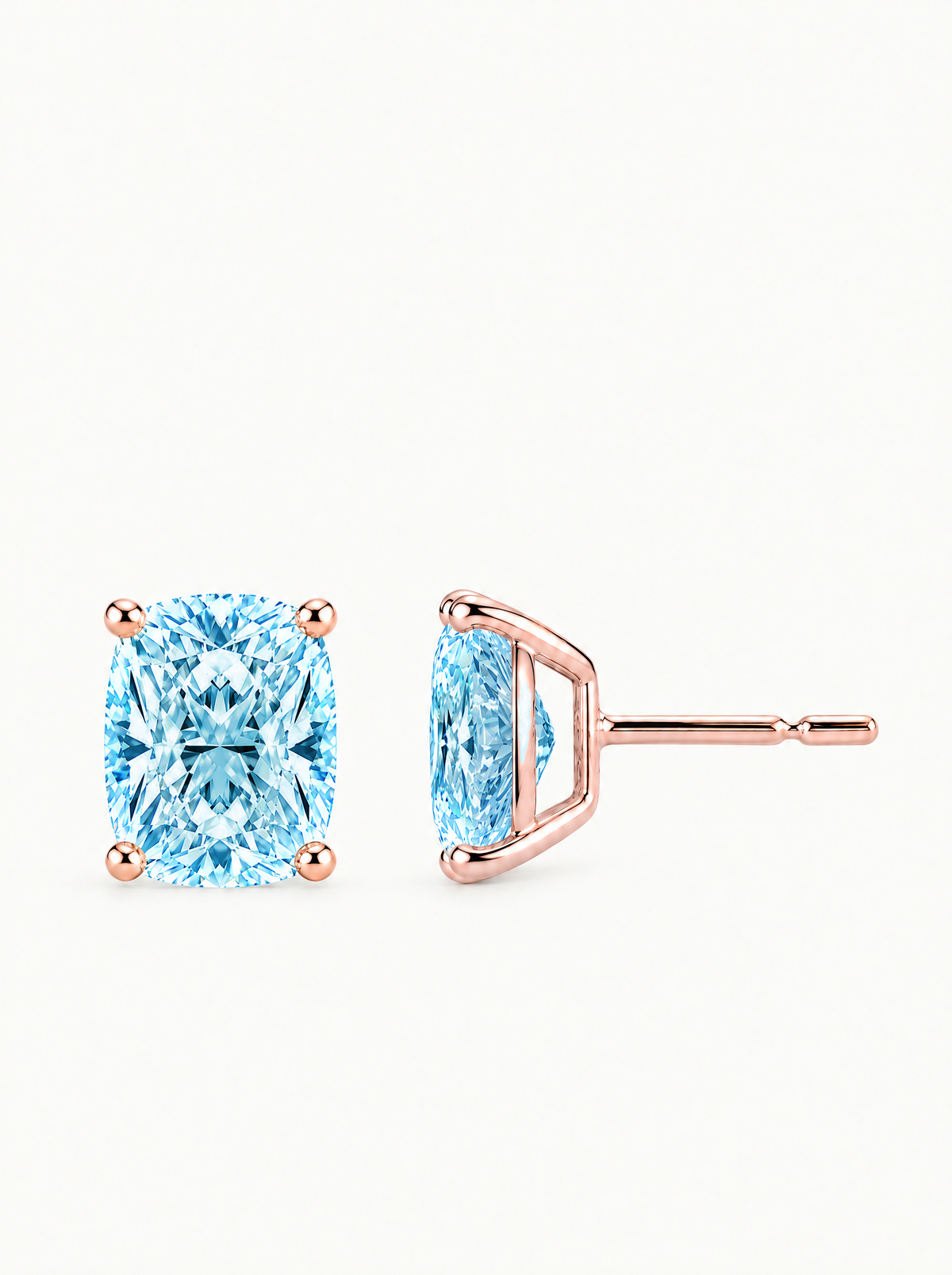Fancy Blue Cushion Cut Lab-Grown Diamond Stud Earrings in 14K rose gold — Bow Tie Lab Diamonds