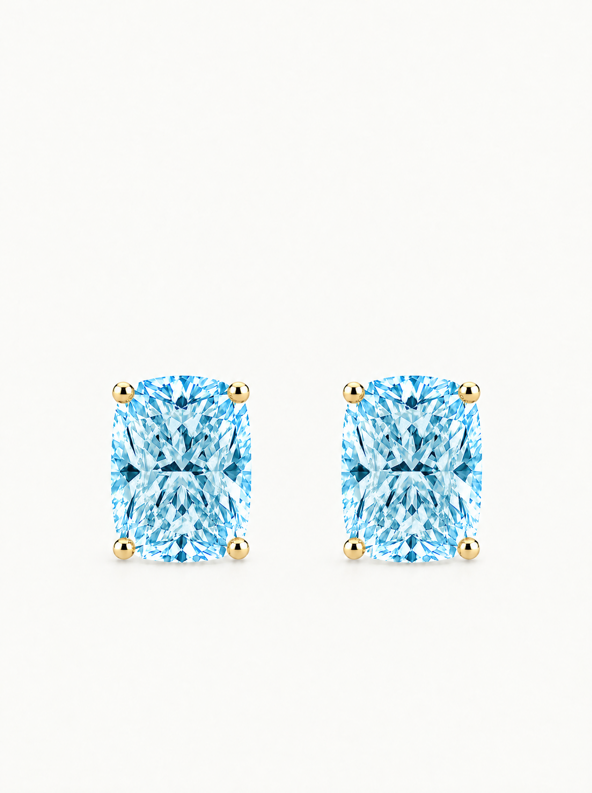 Fancy Blue Cushion Cut Lab-Grown Diamond Stud Earrings in 14K yellow gold, front view — Bow Tie Lab Diamonds