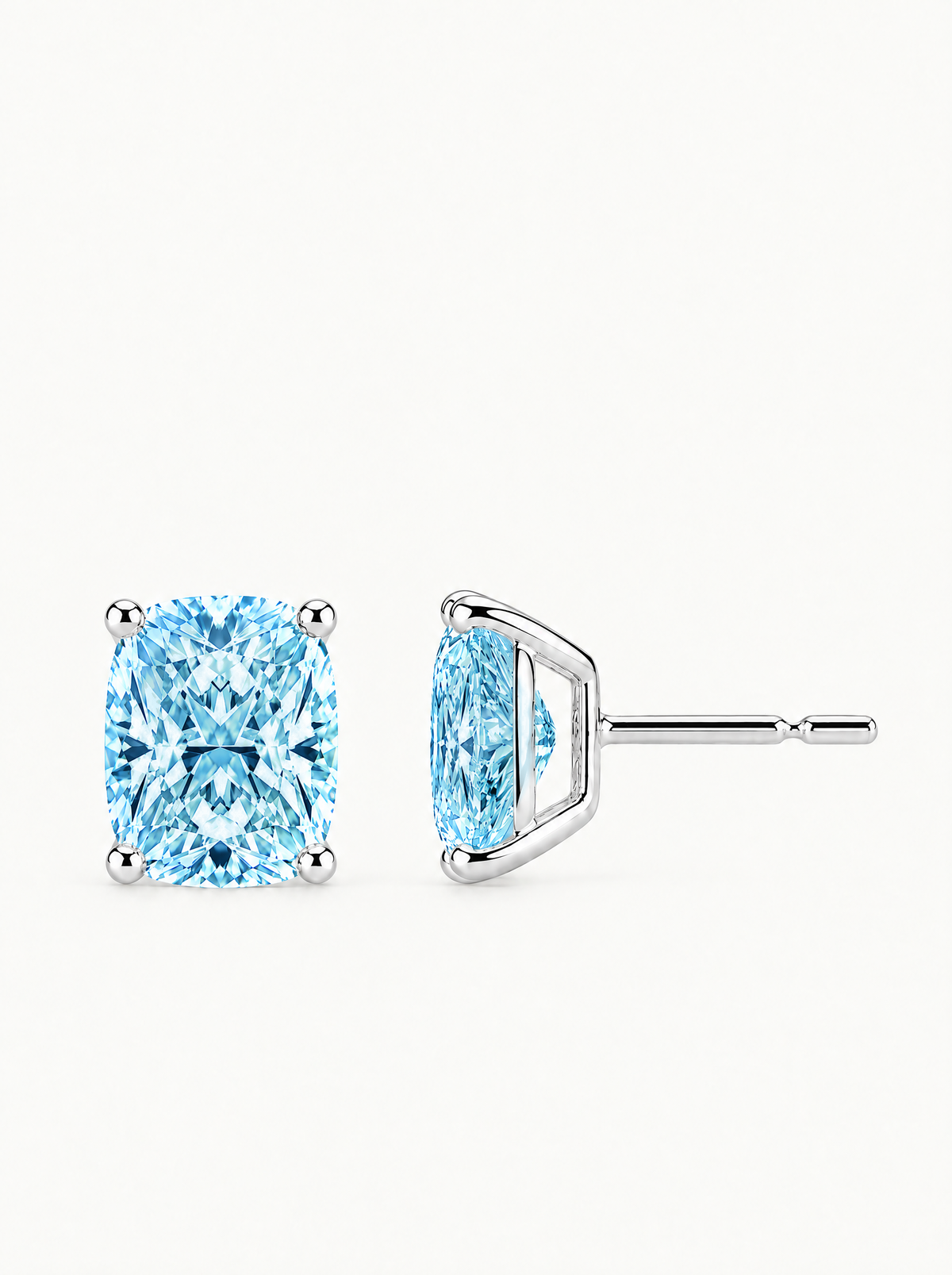 Fancy Blue Cushion Cut Lab-Grown Diamond Stud Earrings in 14K white gold — Bow Tie Lab Diamonds