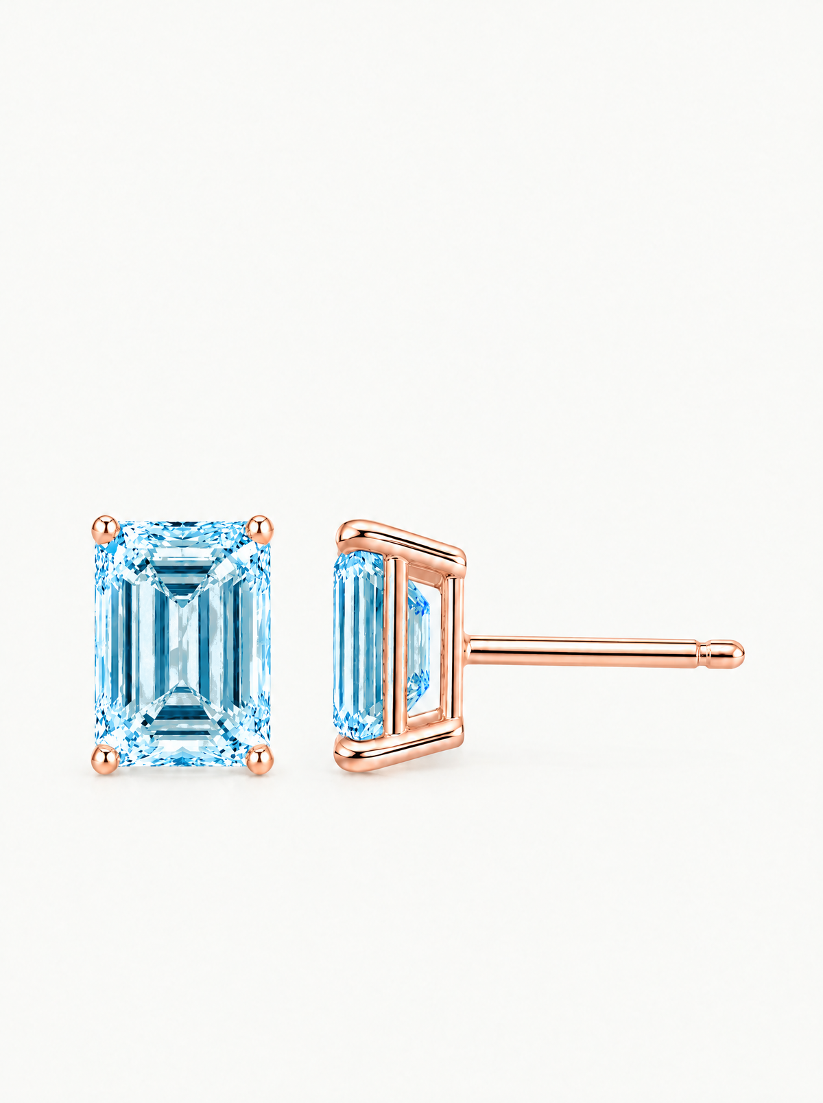 Fancy Blue Emerald Cut Lab-Grown Diamond Stud Earrings in 14K rose gold — Bow Tie Lab Diamonds